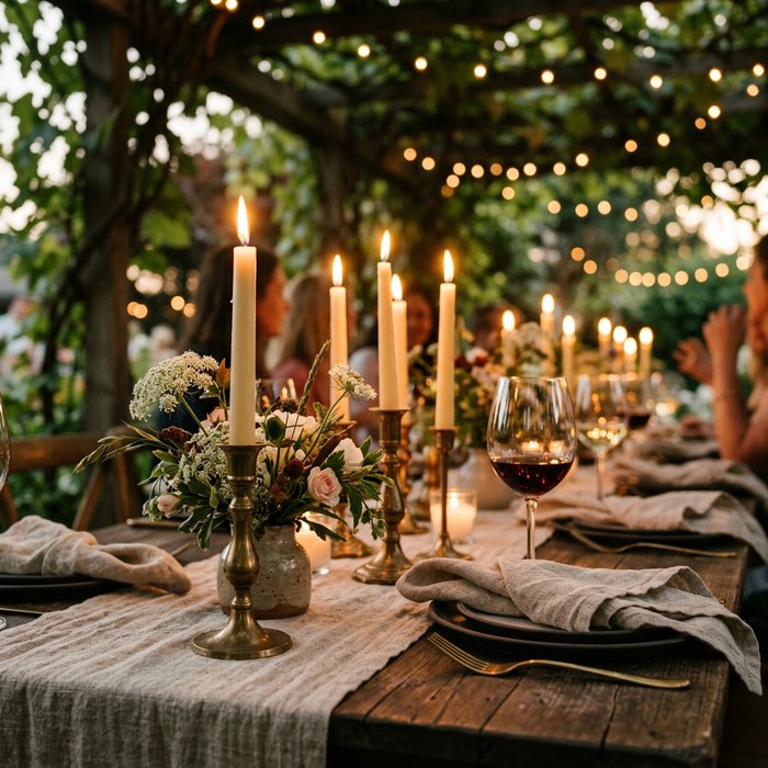 Candlelit dinner table with flowers
