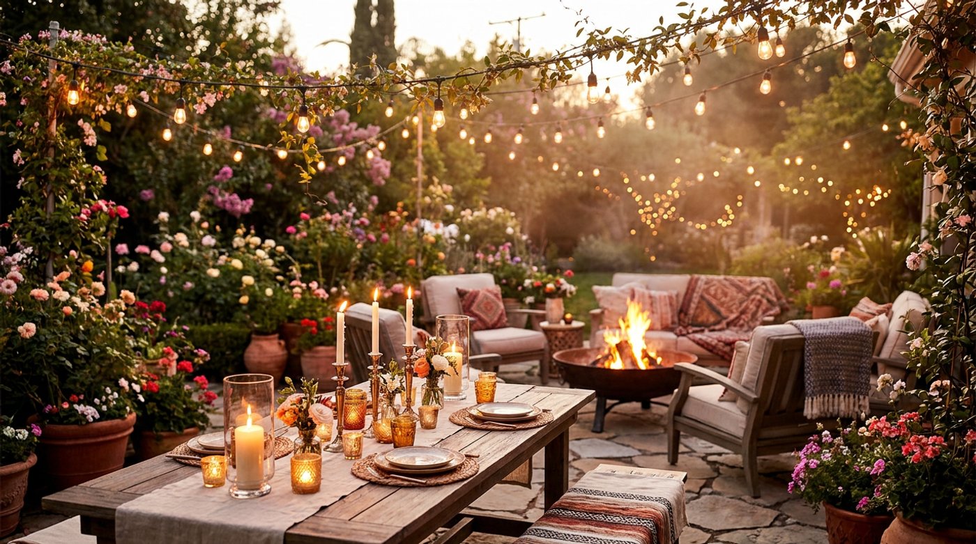 Backyard evening with string lights and warm candlelight