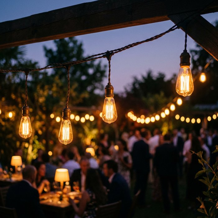String lights at dusk